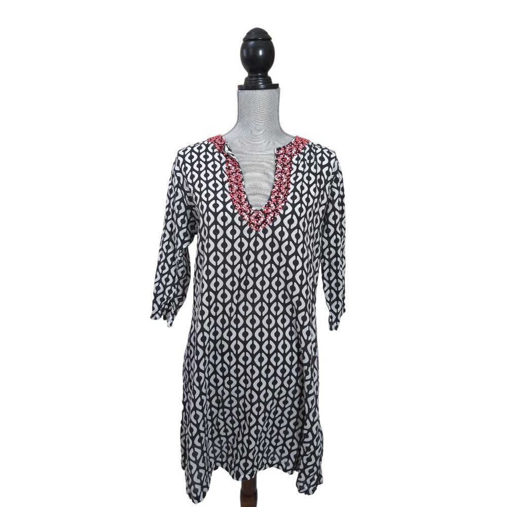 Echo Cover Up Dress Womens M Black White Beaded V-Neck